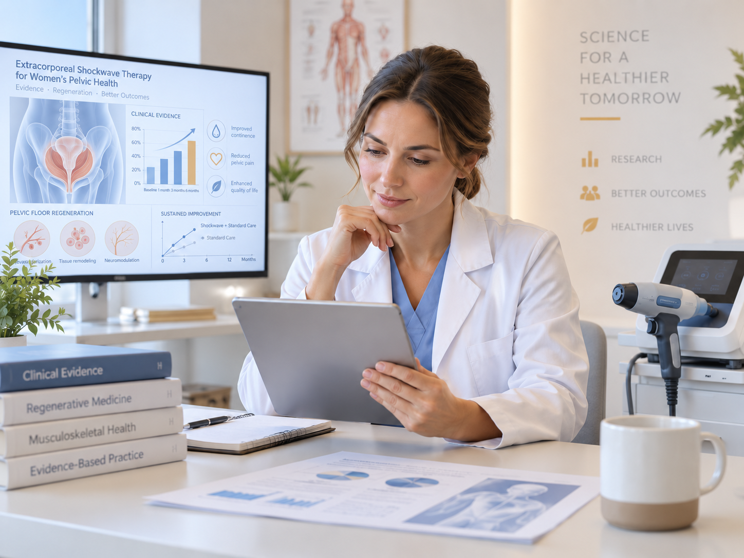 Wetenschappelijk bewijs voor shockwave therapie bij vrouwen Zorgprofessional bekijkt wetenschappelijke onderzoeksresultaten over shockwave therapie bij vrouwelijke pijnklachten